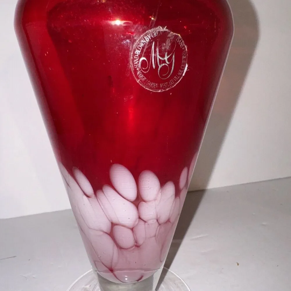 Margie's Garden Large Hand Blown Vase Ruby Red with White w/Label